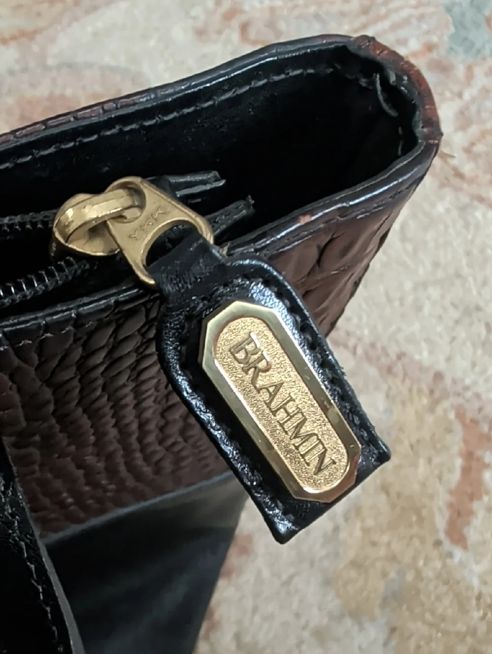 Brahmin Tuscan Melbourne Brown Croc-Texture and Black Leather Vintage Tote Bag